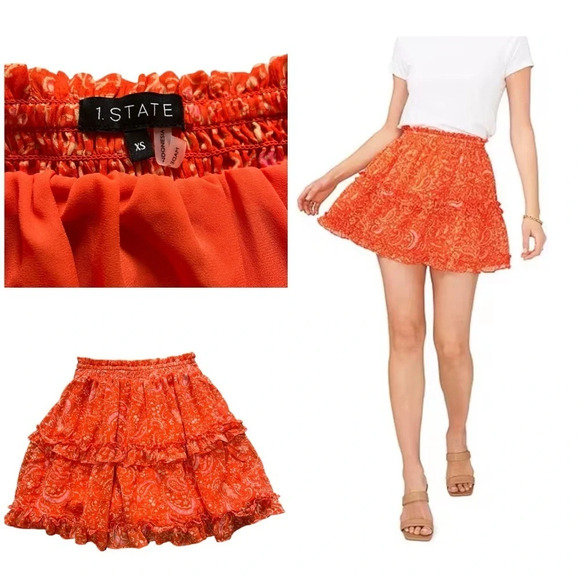 1. STATE - Tiered Paisley Print A-Line Tiered Coordinating Mini Skirt XS - Picture 1 of 7